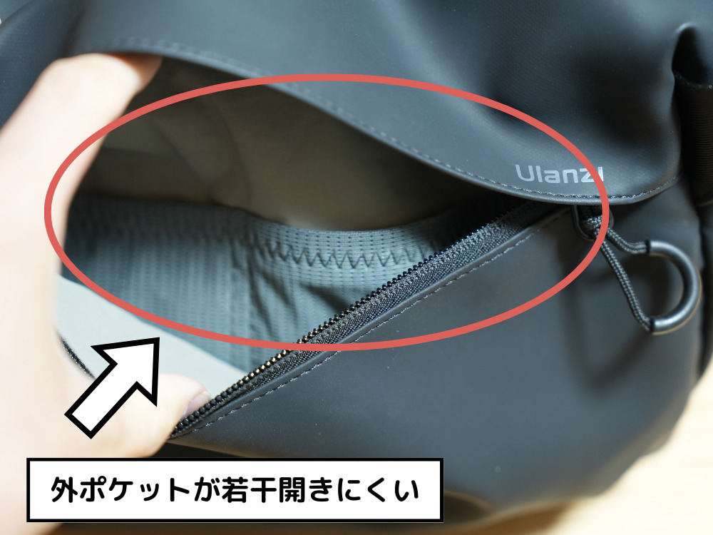 ulanziショルダーバッグ外ポケットの開きづらさを解説する画像